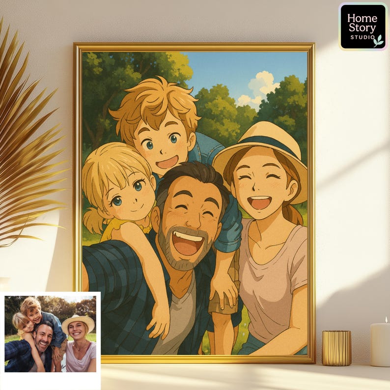 ustom Studio Ghibli style portrait of a joyful family with parents and two children smiling together outdoors. The personalized anime cartoon artwork captures laughter, closeness, and warmth in whimsical detail. Created from photo, this unique illustration is ideal for family wall art, personalized keepsakes, and cozy anime inspired home decor.
