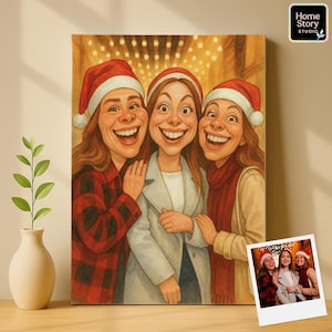 Caricature cartoon portrait of three women in Santa hats and cozy winter outfits, smiling together in front of glowing holiday lights. Drawn with funny exaggerated expressions in parody style, this personalized caricature artwork makes unique Christmas gifts, holiday wall art, or festive keepsakes for family and friends, turning photos into joyful seasonal cartoon portraits.