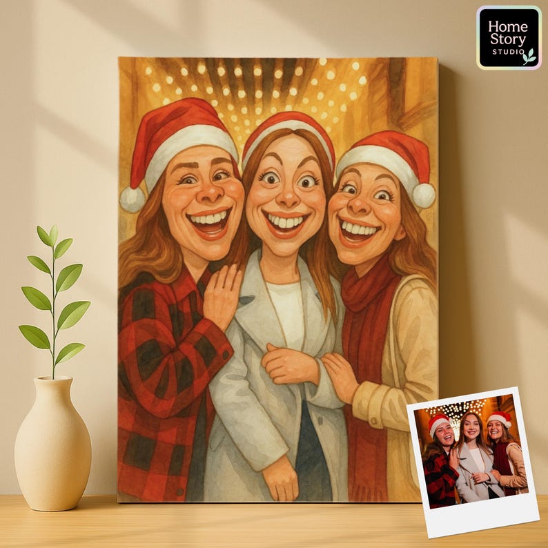 Caricature cartoon portrait of three women in Santa hats and cozy winter outfits, smiling together in front of glowing holiday lights. Drawn with funny exaggerated expressions in parody style, this personalized caricature artwork makes unique Christmas gifts, holiday wall art, or festive keepsakes for family and friends, turning photos into joyful seasonal cartoon portraits.