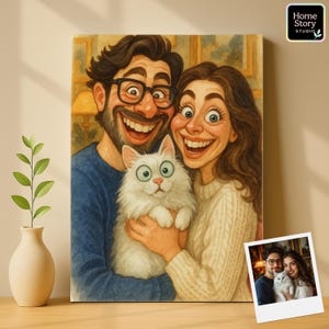 Custom caricature portrait of a smiling couple holding their fluffy white cat, drawn in funny cartoon parody style with big eyes and exaggerated expressions. The man wears glasses and casual shirt while the woman has long hair, both laughing happily with their pet. This personalized caricature artwork is perfect as couple wall art, custom pet cartoon, anniversary present, birthday gift, or wedding keepsake.