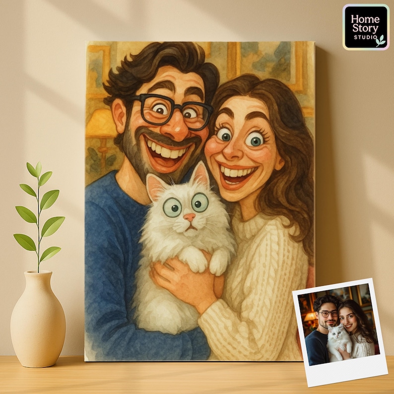 Custom caricature portrait of a smiling couple holding their fluffy white cat, drawn in funny cartoon parody style with big eyes and exaggerated expressions. The man wears glasses and casual shirt while the woman has long hair, both laughing happily with their pet. This personalized caricature artwork is perfect as couple wall art, custom pet cartoon, anniversary present, birthday gift, or wedding keepsake.