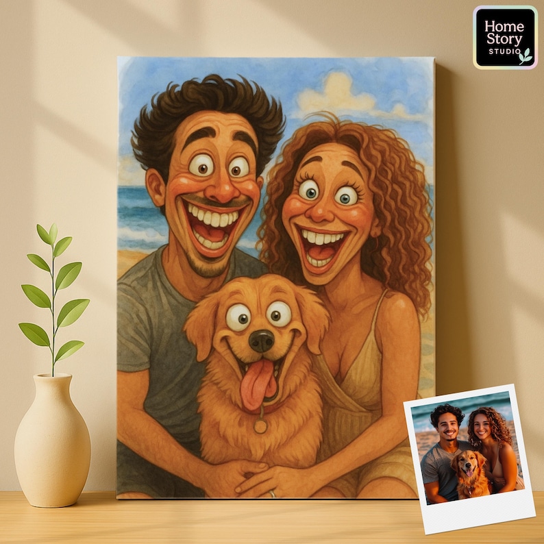 Custom caricature portrait of a couple with their golden retriever at the beach. Both are smiling with funny exaggerated expressions while the dog has a happy tongue-out grin. This playful caricature artwork is perfect as personalized pet cartoon, dog lover gift, family wall art, anniversary keepsake, or humorous parody illustration for couples and pet owners.
