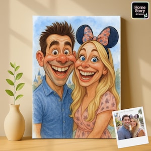 Funny caricature cartoon portrait of a couple at Disneyland, smiling with big cartoon eyes and exaggerated faces. The woman wears Minnie Mouse ears while standing beside her partner in front of the castle background. This personalized caricature artwork is perfect for Disney lovers, anniversary gifts, wedding keepsakes, travel wall art, or funny cartoon parody decor for couples.