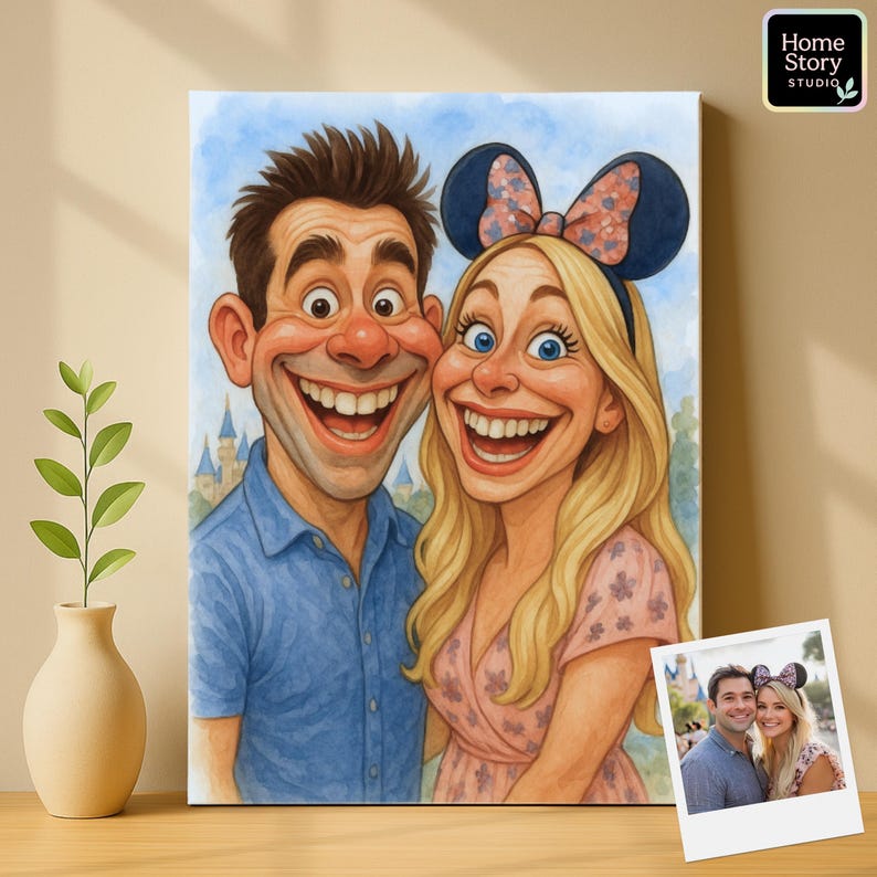 Funny caricature cartoon portrait of a couple at Disneyland, smiling with big cartoon eyes and exaggerated faces. The woman wears Minnie Mouse ears while standing beside her partner in front of the castle background. This personalized caricature artwork is perfect for Disney lovers, anniversary gifts, wedding keepsakes, travel wall art, or funny cartoon parody decor for couples.