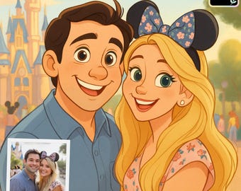 Custom Disney Portrait from Photo: Personalized Pixar Style Cartoon Wall Art for Family, Couple & Pets