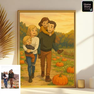 Custom Ghibli style family portrait in anime cartoon design, featuring parents walking outdoors with their two children surrounded by pumpkins in a warm autumn field. Personalized from a real photo, this illustration captures joy and togetherness in a magical Ghibli inspired scene. Ideal for fall decor, family wall art, and whimsical cartoon keepsakes.