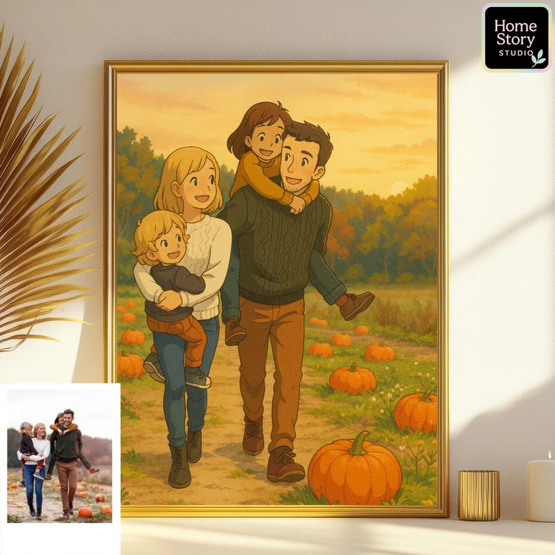 Custom Ghibli style family portrait in anime cartoon design, featuring parents walking outdoors with their two children surrounded by pumpkins in a warm autumn field. Personalized from a real photo, this illustration captures joy and togetherness in a magical Ghibli inspired scene. Ideal for fall decor, family wall art, and whimsical cartoon keepsakes.