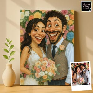 Funny caricature wedding portrait of a bride and groom holding bouquet with floral background. Exaggerated cartoon expressions and big eyes create humorous parody artwork. This personalized caricature is perfect as wedding gift, anniversary wall art, or unique keepsake for newlyweds. A playful cartoon portrait that combines romance and humor in custom art.