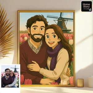 Ghibli inspired custom portrait of a smiling couple sitting in a tulip field with a windmill in the background. This anime cartoon artwork is personalized from photo, blending Studio Ghibli charm with romantic detail. Perfect for couple wall art, anniversary gifts, spring home decor, and personalized anime keepsakes celebrating love and travel memories.