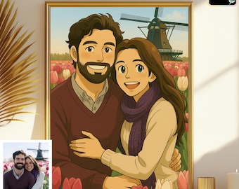 Custom Ghibli Style Portrait from Photo – Personalized Cartoon Illustration, Couple, Pet wall Art