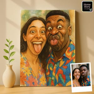 Custom caricature portrait of a couple making silly faces with tongues out, wearing bright floral shirts. Both are drawn with exaggerated features and funny cartoon style, creating humorous wall art. This playful caricature artwork makes a unique anniversary gift, quirky birthday present, or personalized couple keepsake, ideal for home decor or funny parody illustration.