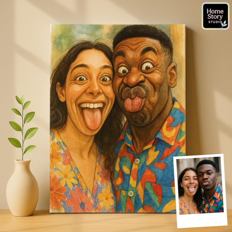 Custom caricature portrait of a couple making silly faces with tongues out, wearing bright floral shirts. Both are drawn with exaggerated features and funny cartoon style, creating humorous wall art. This playful caricature artwork makes a unique anniversary gift, quirky birthday present, or personalized couple keepsake, ideal for home decor or funny parody illustration.