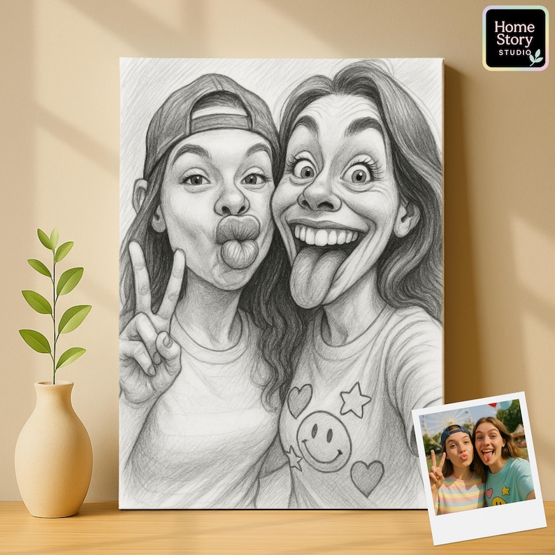 Black and white caricature pencil sketch of two friends making silly faces, one showing a peace sign. Exaggerated eyes and smiles create humorous parody artwork. This custom caricature sketch is ideal for best friend gifts, birthday presents, or funny keepsakes, turning casual photos into unique cartoon drawings for home decor and playful illustration.