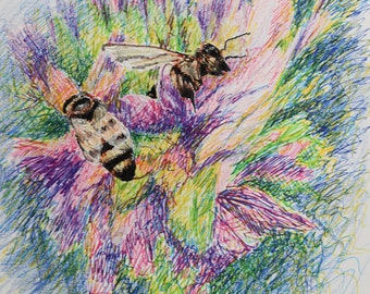 Two Bees original art - pen and ink with colored pencil 7x5 inches free shipping