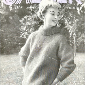May include: Vintage black and white magazine cover featuring a woman wearing a gray turtleneck sweater. The magazine title "JAEGER" is at the top, with "No. 3611" next to it. The text "Jaeger Mohan Spun" is at the bottom.