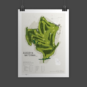 May include: A poster featuring a detailed map of the Augusta National Golf Club, with green fairways and trees. The poster includes the course layout, hole numbers, and the text "Augusta National". The poster is held by two black binder clips.