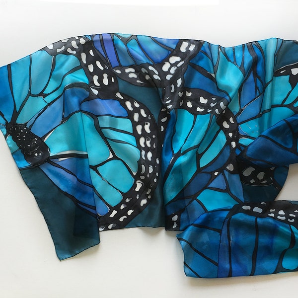 Monarch Butterfly Wing Silk Scarf in Petroleum Blue, Hand Painted Silk Shawl, Long Neck Scarf, Butterfly Shawl, Unique gift Mothers Day