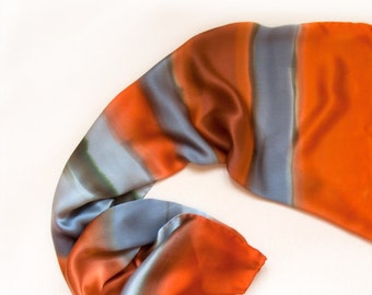 Cherga silk scarf, Hand painted scarf, Orange gray satin scarf/ Stripes Large scarf shawl, Handmade scarf, womens scarf, Christmas gift mom