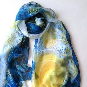 Starry Night Silk Chiffon Scarf, Hand painted scarf replica on Van Gogh's painting / Gift for art lover | Wearable art | Mothers Day gift