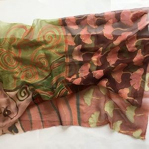 Hand painted Silk Scarf Ginkgo leaves Pastel silk chiffon shawl Maroon Green scarves Art Deco Shawl Christmas gift mom Lightweight wrap KA18