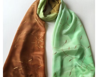 Apple Green Crepe De Chine Scarf, Hand Painted Long Neck Scarf, Elegant Wrap green gradation, Gift for Mom, Botanical scarf Mothers Day gift