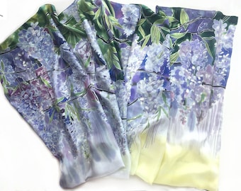 Mother's Day Gift Idea Wisteria Silk Scarf Hand painted, Luxury foulard, Fashionable wrap, Wedding shawl, Floral scarf, Spring celebration