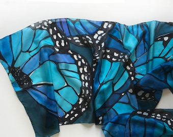 Monarch Butterfly Wing Silk Scarf in Petroleum Blue, Hand Painted Silk Shawl, Long Neck Scarf, Butterfly Shawl, Unique gift Mothers Day