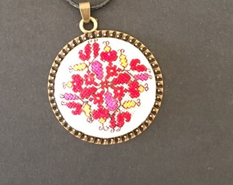 Micro embroidered floral necklace, Hand embroidery, Cross stitch embroidery, Bulgarian embroidery, Mothers day gift best friend gift