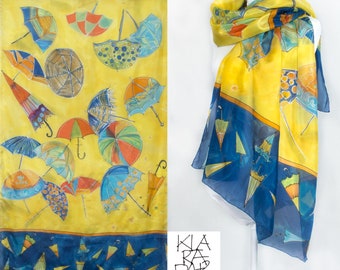Silk Scarf- Twirling Umbrellas Hand Painted silk Scarf Bright Yellow shawl Summer scarves Luxury scarves pareo Oblong wrap shawl lightweight