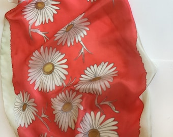 100 % Pure Silk Scarf "The Red Falling Daisies", Hand painted silk scarves for women, Spring fashion, Lightweight scarves, Floral fashion
