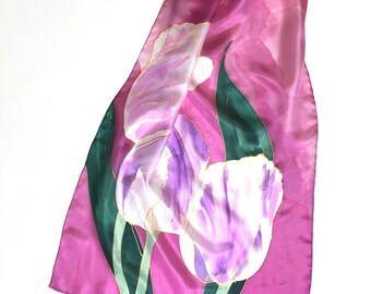 100% Silk Scarf Hand Painted | Tulips Silk Foulard | Fuchsia Shawl Floral | Spring Fashion | Silk Scarves for Women | Mothers Day gift OOAK