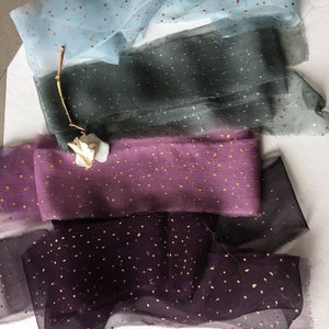 Set of four silk chiffon ribbons, Hand painted ribbons with golden, copper & silver dots, Blue, Gray, Purple and Plum hand torn ribbons image 1