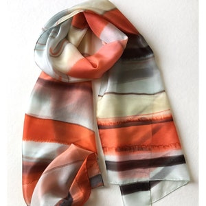 Coral Striped Silk Scarf, Hand painted scarves Light Gray Orange shawl, Mother&#39;s Day gift, Unique handmade gifts/ Pastel accessory