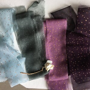 Set of four silk chiffon ribbons, Hand painted ribbons with golden, copper & silver dots, Blue, Gray, Purple and Plum hand torn ribbons image 2