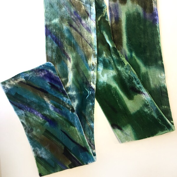 Blue Green Velvet scarf hand painted in abstract style, Long neck scarf, Velvet accessory, Skinny scarves, Woman fashion, Unique gift women