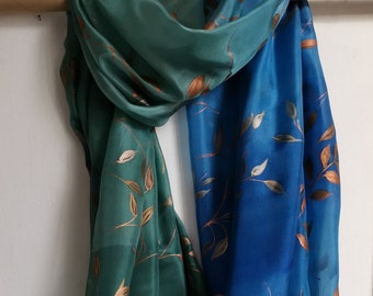 Unique Mom Gift, Mother's Day Gift, 35x70 Stylish Botanical Scarf Blue Gray Gradient, Hand Painted Lightweight scarf, Metallic Leaves Shawl