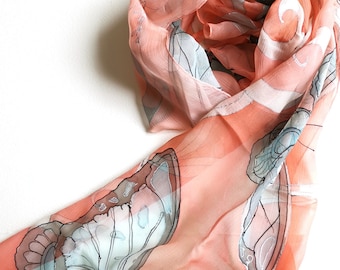 Butterfly Scarf, Hand painted Silk Chiffon scarf| Salmon Pink, Butterfly accessory | Insects & Nature, Monarch butterfly Christmas gift lady