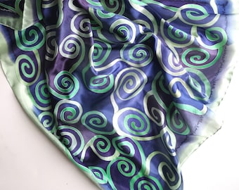 Stylish Squared Silk Scarf Hand Painted, Klimt Inspired, Purple Green Decorative Scarf, Minimalist Style, Art Lover Gift, Unique Headband