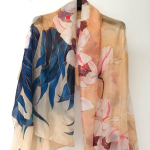 100% Silk scarf for women Creamy Vanilla Silk Foulard Orchids scarf, floral Accessory | Silk scarf painted | Art to wear/ Gift mother