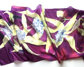 Hand painted silk scarf- Orchids bouquet | Women's Silk Scarf | Long floral scarf, Unique gift women | Birthday gift her Mothers Day gifts