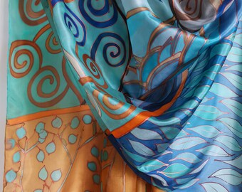 100% Pure Silk Scarf Hand Painted | Silk | Decorative motif | Evening Blue Brown shawl in Art deco style | Swirls Leaves | Unique gift Mum