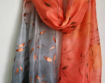 Stylish Botanical Scarf in Salmon to Gray Gradation. Fall inspired shawl. Lightweight scarf in Copper Metallic Leaves, Xmas gift Mum & Sis