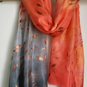 Stylish Botanical Scarf in Salmon to Gray Gradation. Fall inspired shawl. Lightweight scarf in Copper Metallic Leaves, Xmas gift Mum & Sis