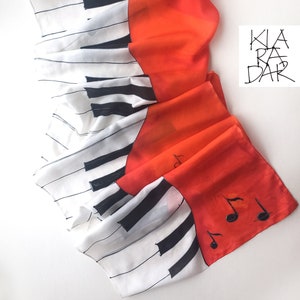 100% Pure Silk Scarf | Hand painted scarf for women with Piano motif | Music scarf | Long neck scarf | Gift For Musician | Luxury Red wrap