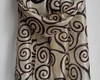 17x70" Stylish Decorative Hand Painted Silk Scarf in Beige & Black, Klimt Spirals Shawl, Duo Toned Scarf, Long Neck Foulard, Bridal Shawl