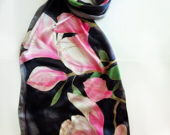 Blossomed Magnolia Silk Satin Scarf, A Unique Gift for Mother’s Day, Long Elegant Shawl, Hand Painted Scarf, Floral Accessory, Magnolia art