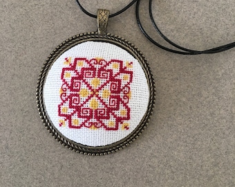 Hand embroidered necklace, Cross stitch pendant, Textile jewelry, Bulgarian embroidery necklace Micro embroidery, Minimalist style, gift mom