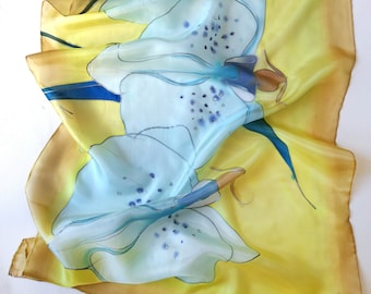 100% Pure Silk Scarf for Woman | Blue Orchids Hand Painted Scarves | Long Neck Foulard | Floral Fashion Shawl | Xmas gift Mum  Birthday gift
