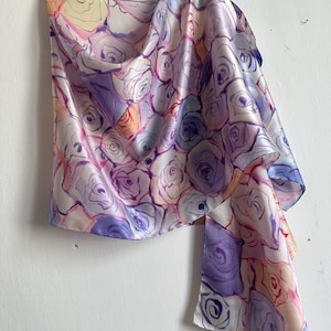 Hand-Painted Silk Scarf with Abstract Roses – Violet & Crimson Artistic Gift
