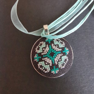 Micro Embroidered necklace teal, Gift for teen daughter, Hand embroidery, Cross stitch pendant necklace, handmade jewelry Minimalist style image 1